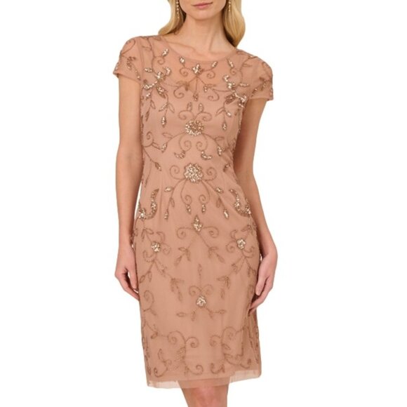 Adrianna Papell Beaded Mesh Sheath Dress – Rose Gold | NWT | Size 6 - Picture 1 of 5